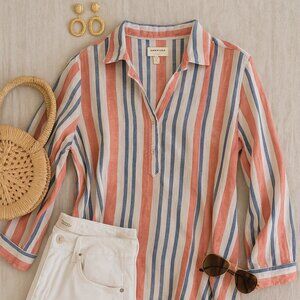 Women’s Artisan NY 100% Linen, Red White Blue, Striped HiLo Shirt Size M, July 4